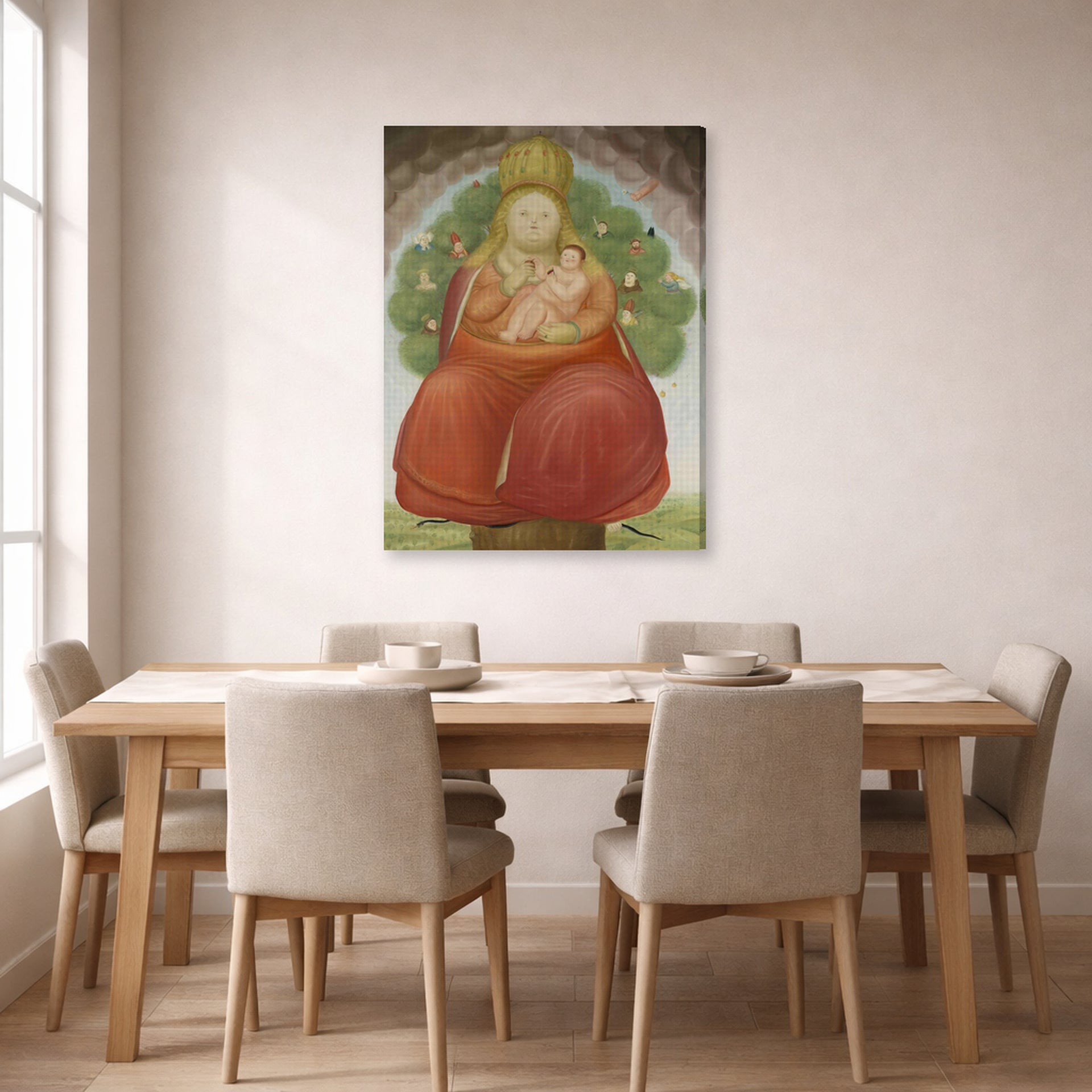 Gallery-wrapped canvas print of Fernando Botero's Madonna with Child displayed on a wall in a dining room