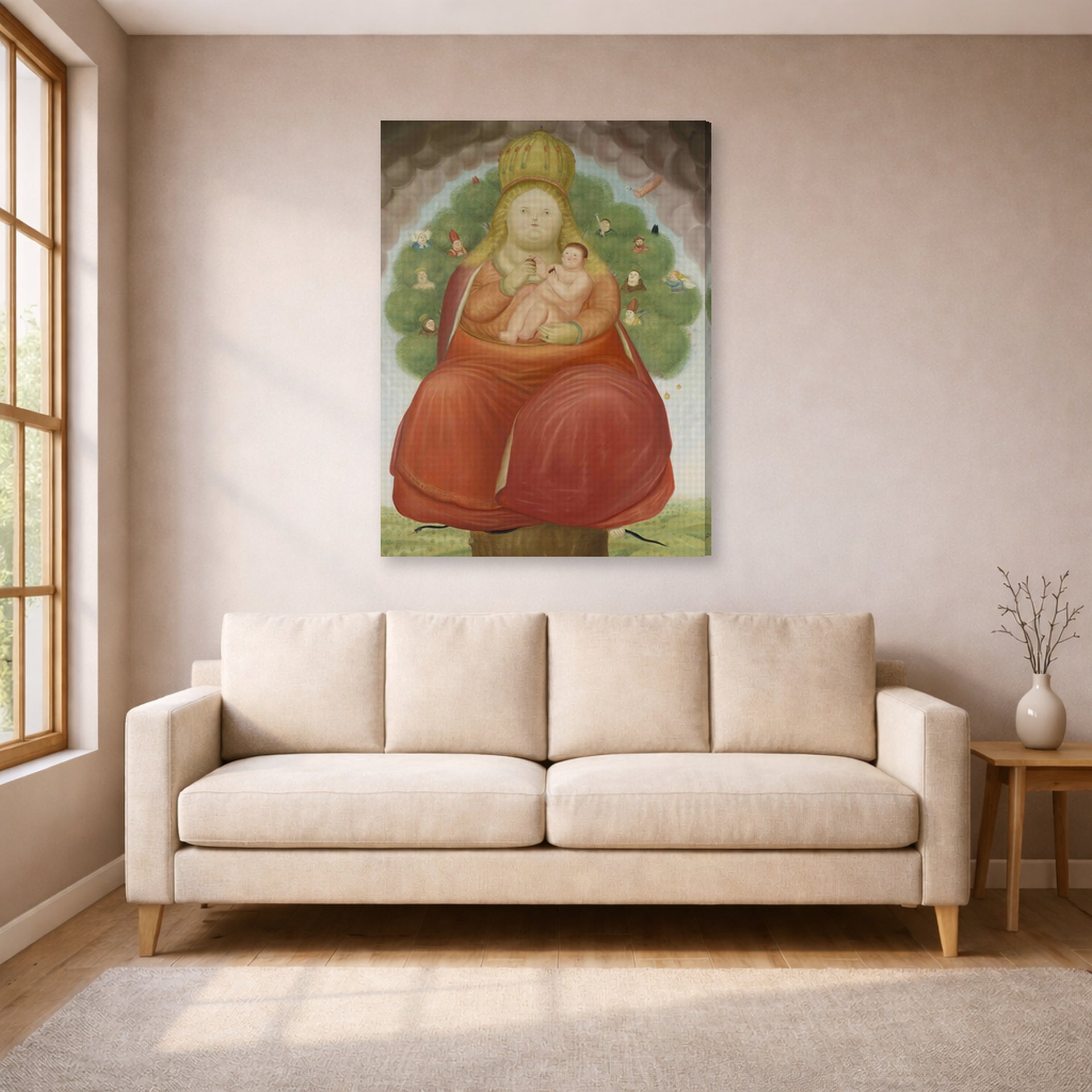 Gallery-wrapped canvas print of Fernando Botero's Madonna with Child displayed on a wall in a living room