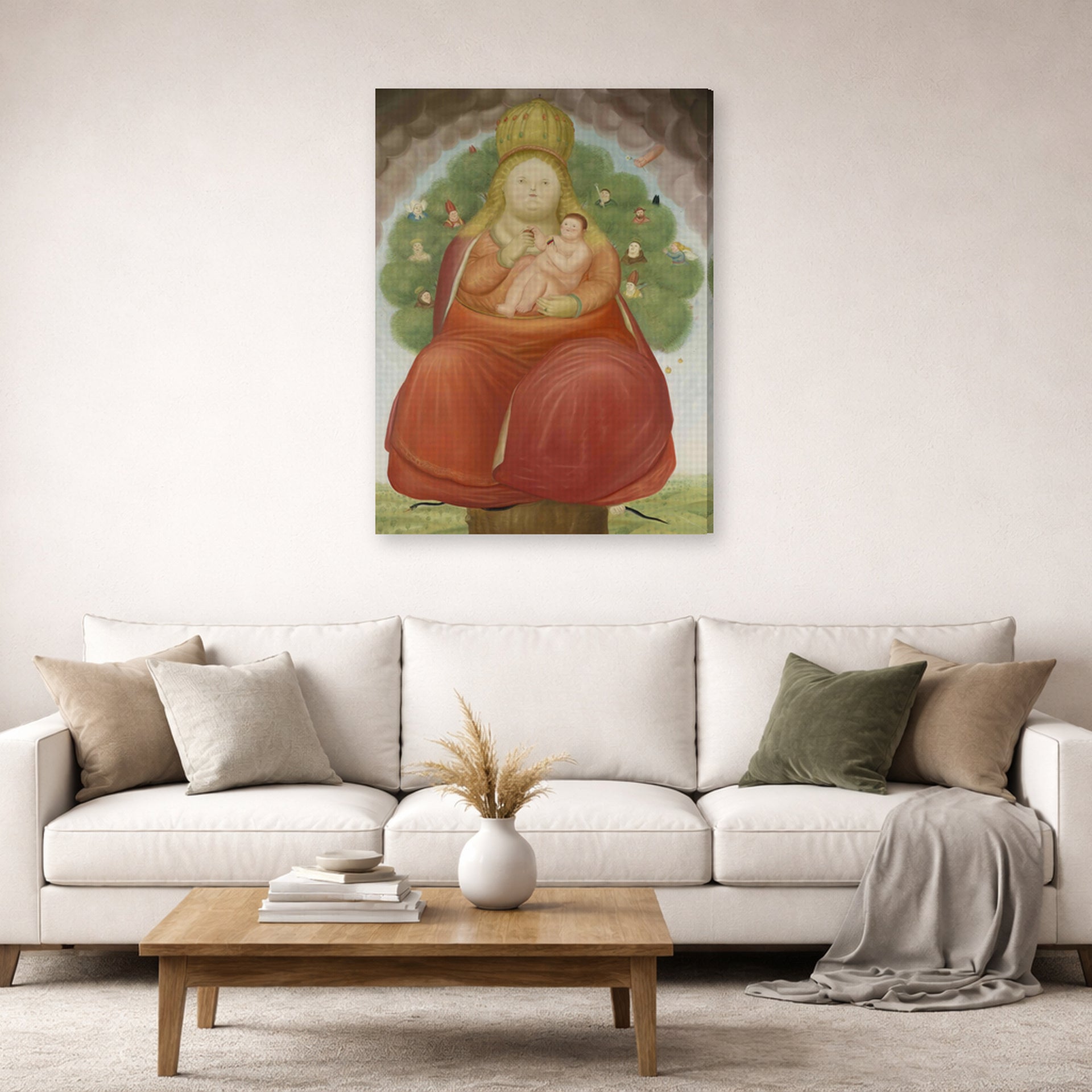 Gallery-wrapped canvas print of Fernando Botero's Madonna with Child displayed on a wall in a living room