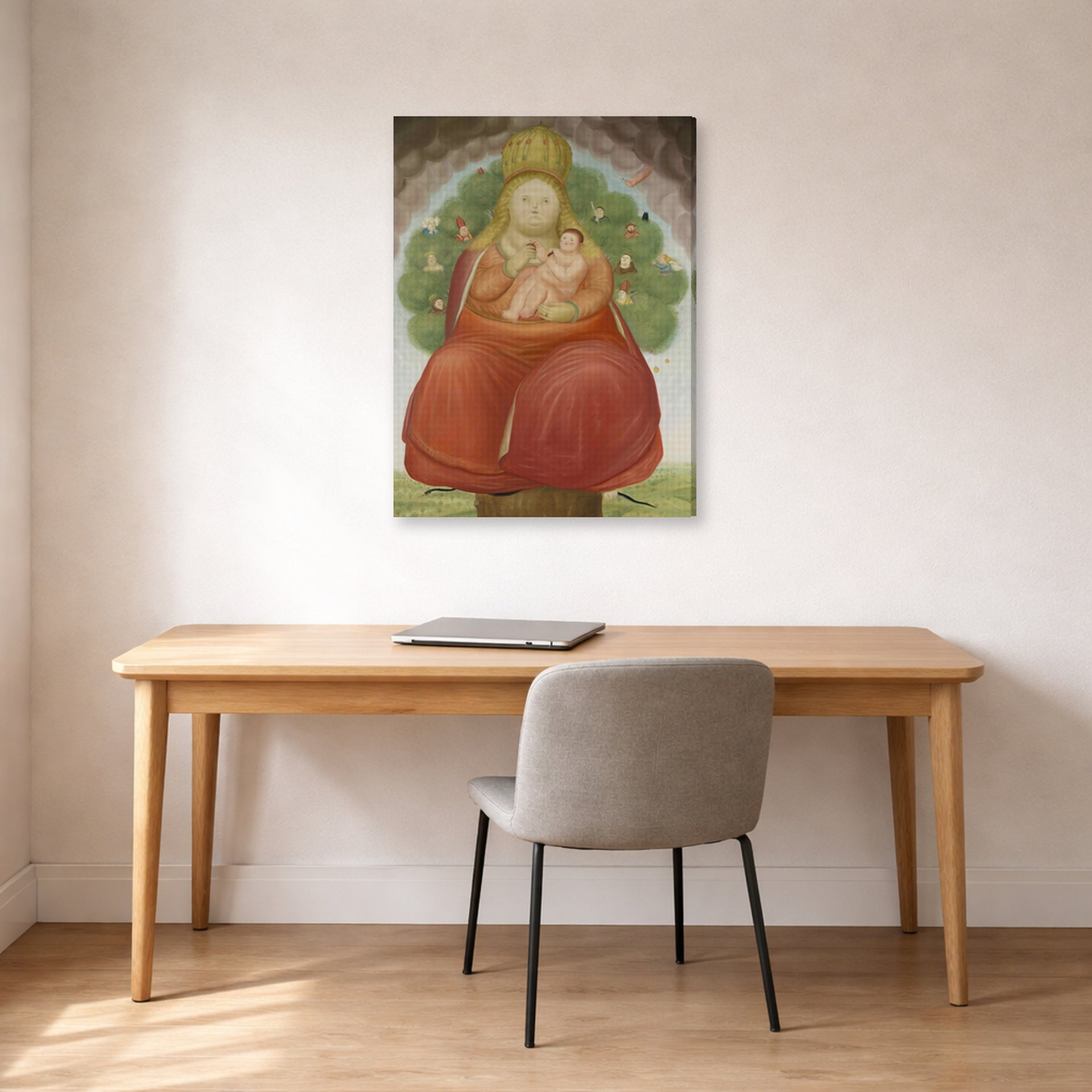 Gallery-wrapped canvas print of Fernando Botero's Madonna with Child displayed on a wall in a home office