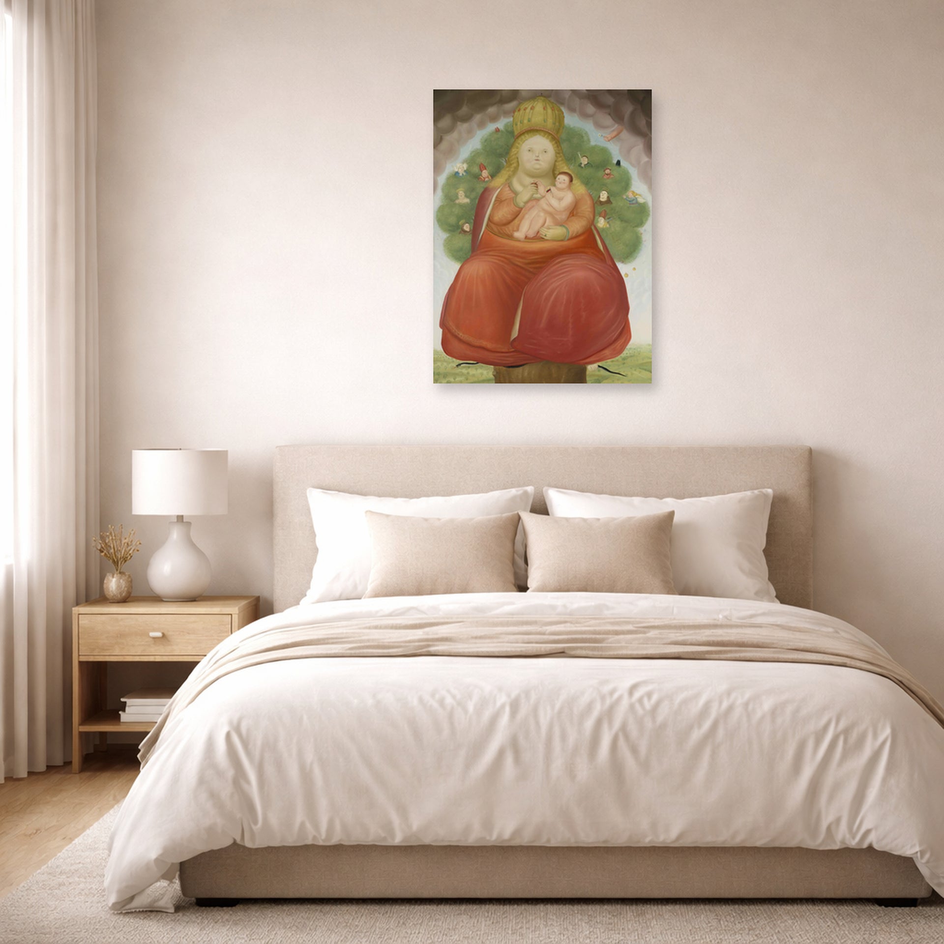 Unframed poster print of Fernando Botero's Madonna with Child displayed on a wall in a bedroom