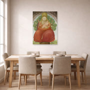 Unframed poster print of Fernando Botero's Madonna with Child displayed on a wall in a dining room