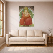 Unframed poster print of Fernando Botero's Madonna with Child displayed on a wall in a living room