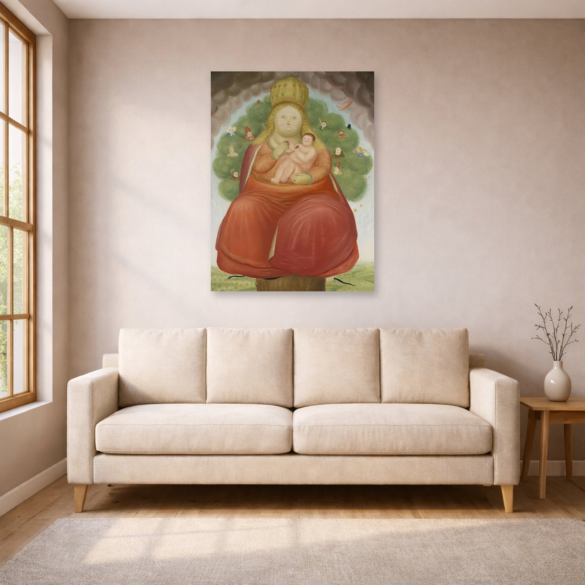 Unframed poster print of Fernando Botero's Madonna with Child displayed on a wall in a living room