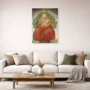 Unframed poster print of Fernando Botero's Madonna with Child displayed on a wall in a living room
