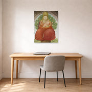Unframed poster print of Fernando Botero's Madonna with Child displayed on a wall in a home office