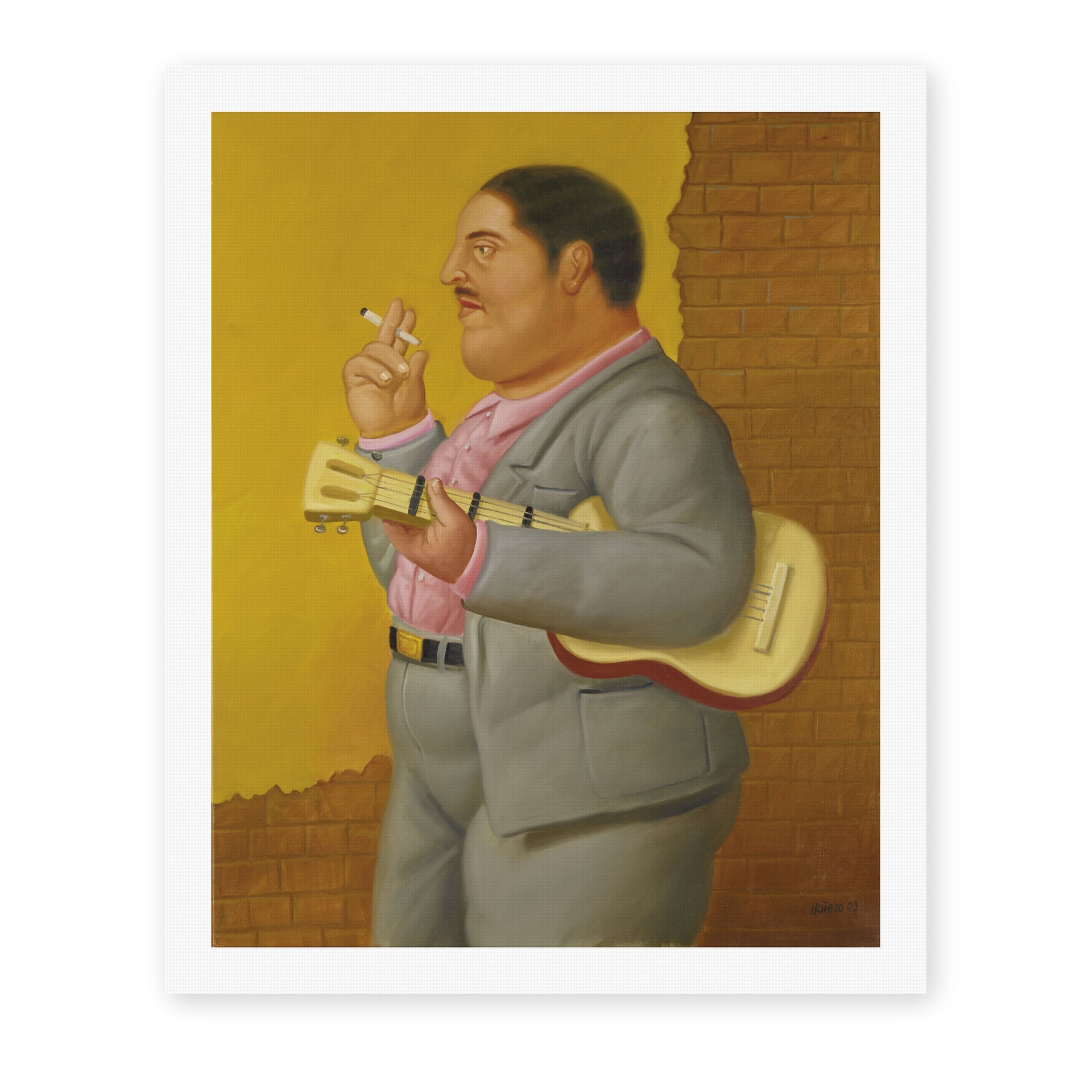 Fernando Botero's 'Man with Banjo' painting reproduced as a rolled canvas print