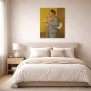 Gallery-wrapped canvas print of Fernando Botero's Man with Banjo displayed on a wall in a bedroom