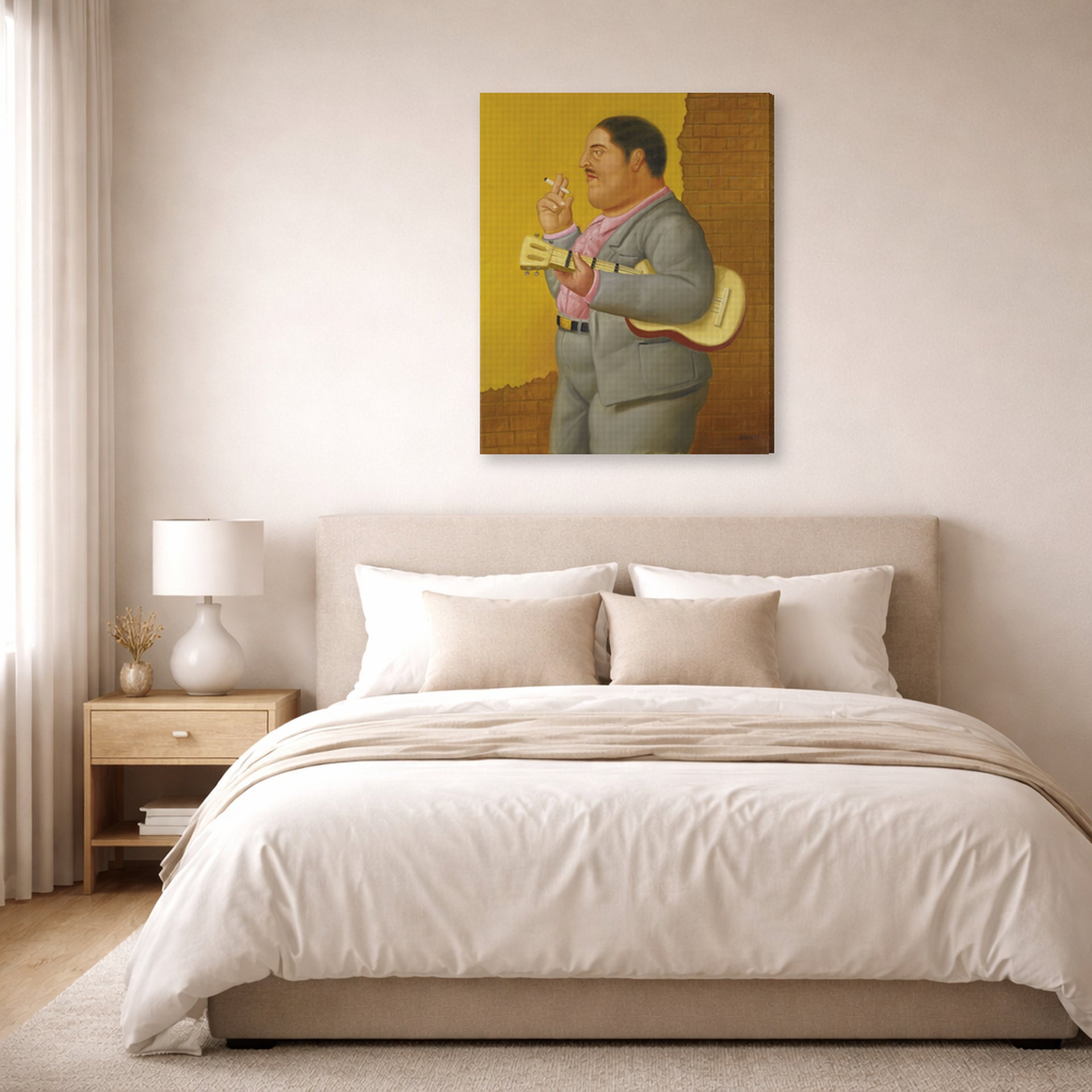 Gallery-wrapped canvas print of Fernando Botero's Man with Banjo displayed on a wall in a bedroom