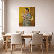 Gallery-wrapped canvas print of Fernando Botero's Man with Banjo displayed on a wall in a dining room