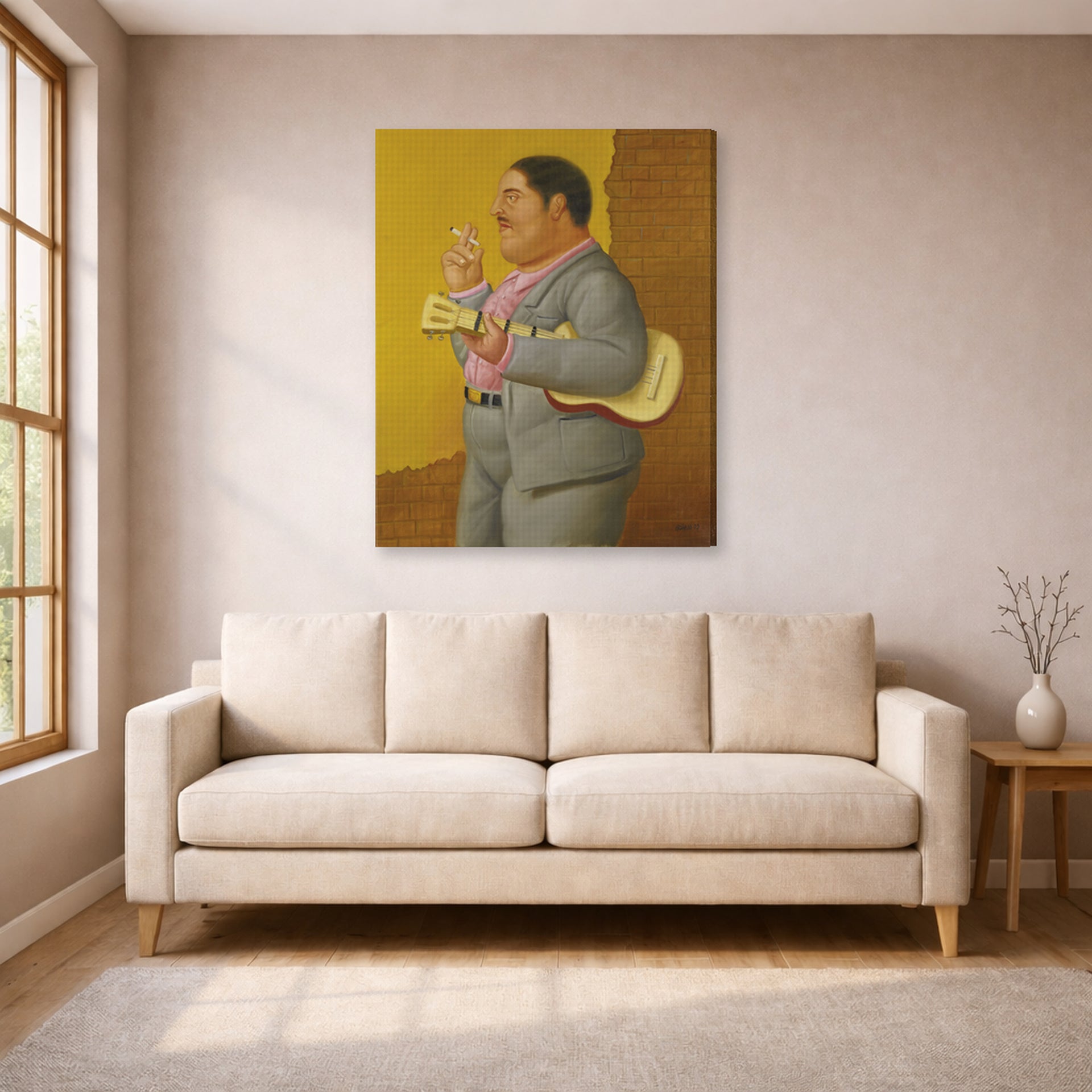 Gallery-wrapped canvas print of Fernando Botero's Man with Banjo displayed on a wall in a living room