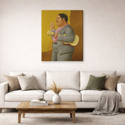 Gallery-wrapped canvas print of Fernando Botero's Man with Banjo displayed on a wall in a living room