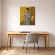 Gallery-wrapped canvas print of Fernando Botero's Man with Banjo displayed on a wall in a home office