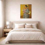 Unframed poster print of Fernando Botero's Man with Banjo displayed on a wall in a bedroom