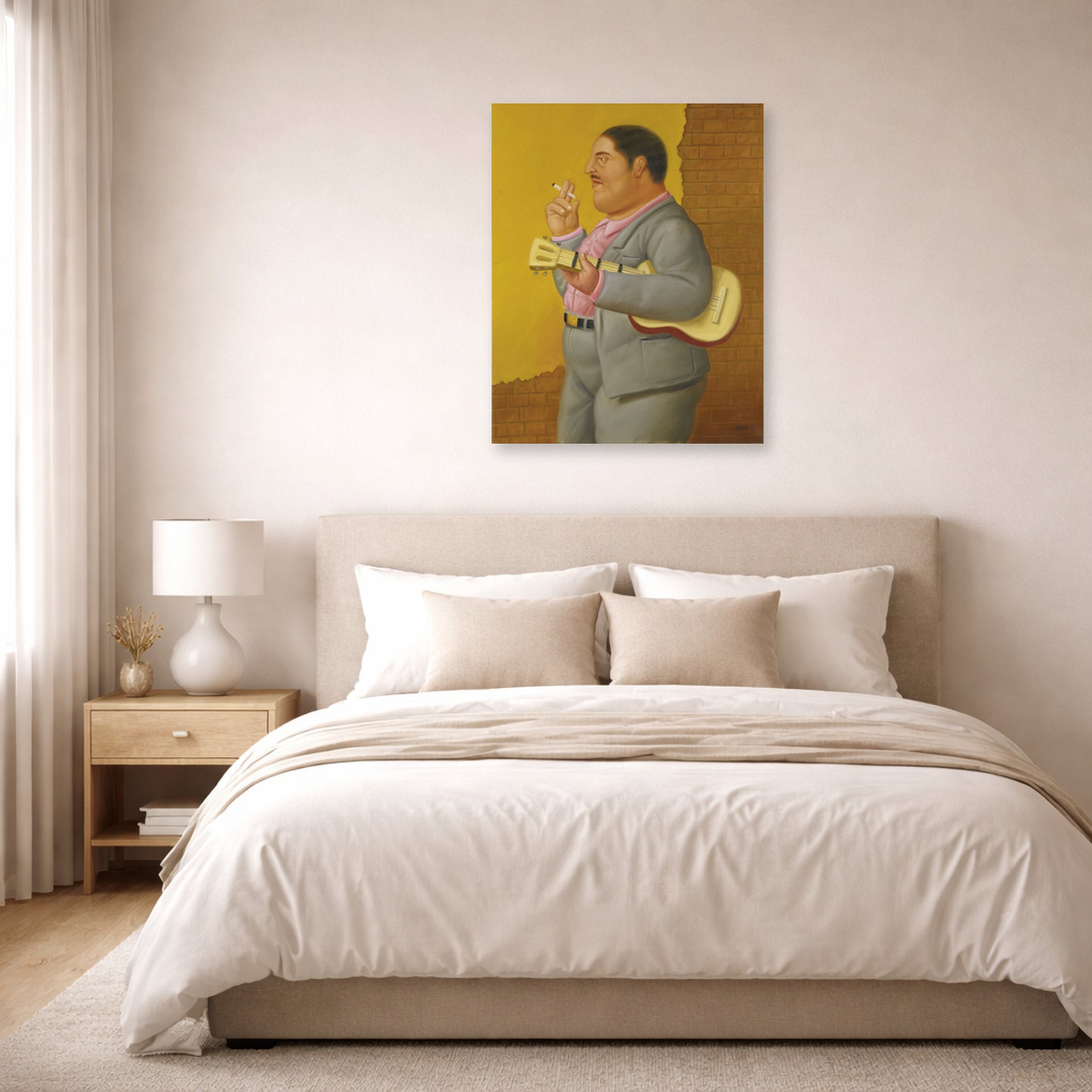 Unframed poster print of Fernando Botero's Man with Banjo displayed on a wall in a bedroom