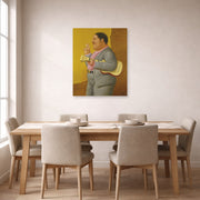 Unframed poster print of Fernando Botero's Man with Banjo displayed on a wall in a dining room