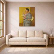 Unframed poster print of Fernando Botero's Man with Banjo displayed on a wall in a living room