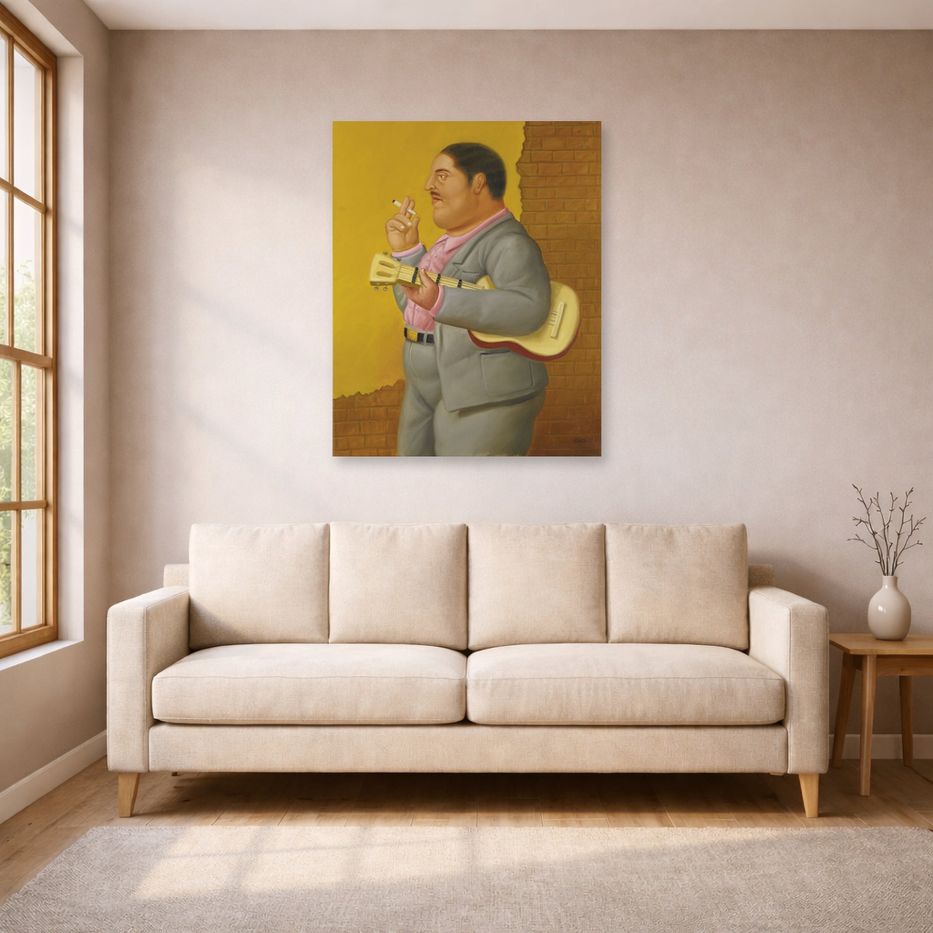Unframed poster print of Fernando Botero's Man with Banjo displayed on a wall in a living room