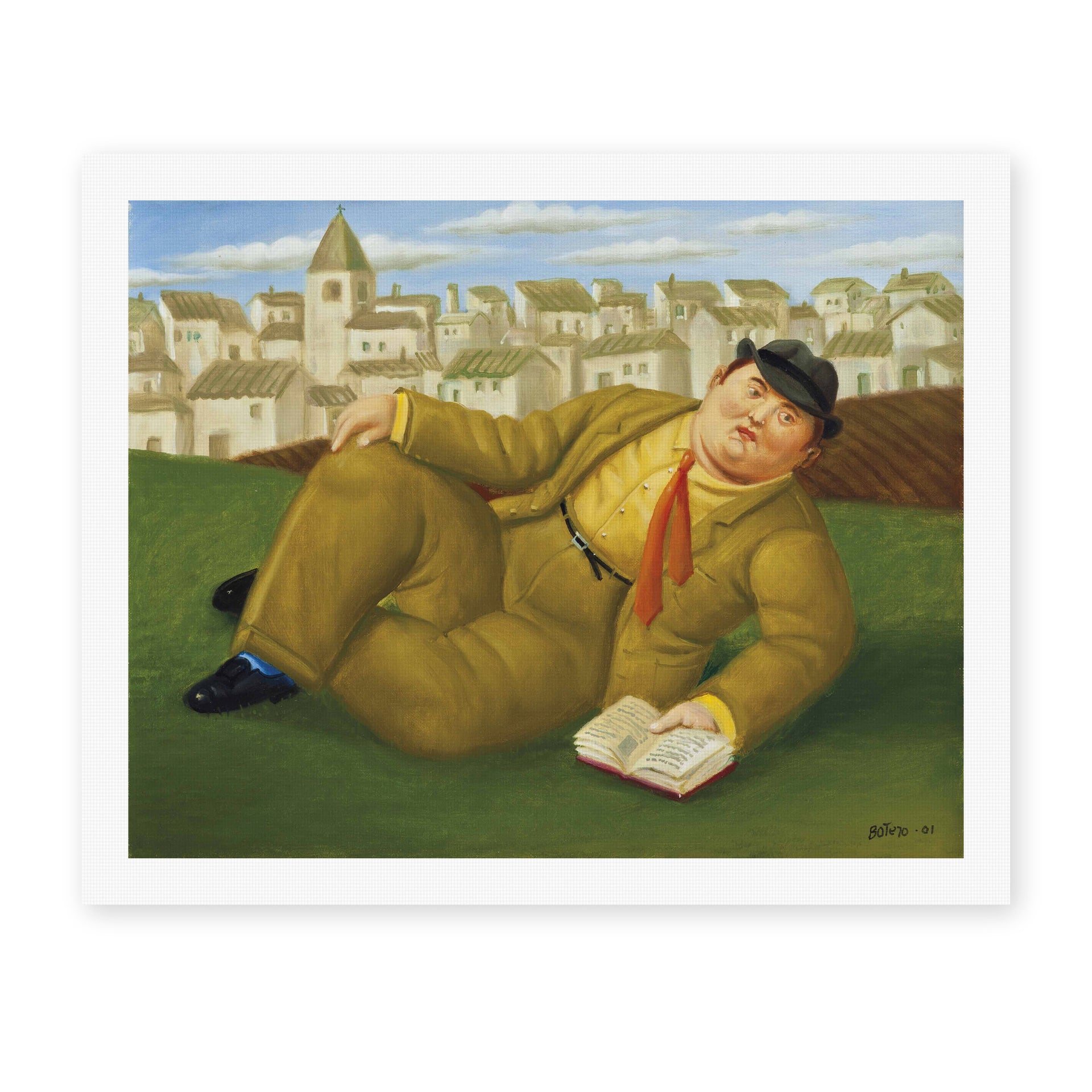 Fernando Botero's 'Man with Book' painting reproduced as a rolled canvas print