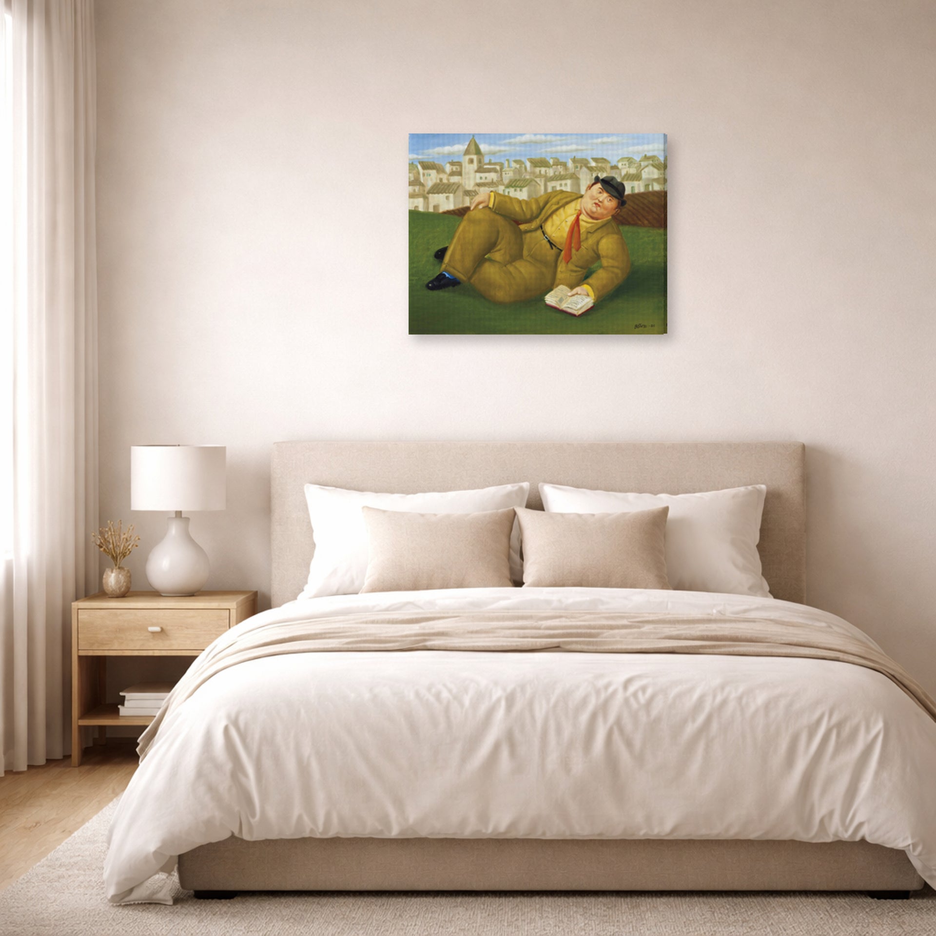 Gallery-wrapped canvas print of Fernando Botero's Man with Book displayed on a wall in a bedroom