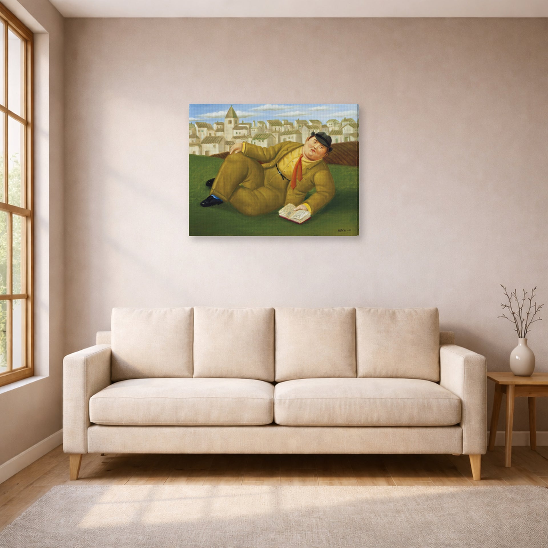 Gallery-wrapped canvas print of Fernando Botero's Man with Book displayed on a wall in a living room