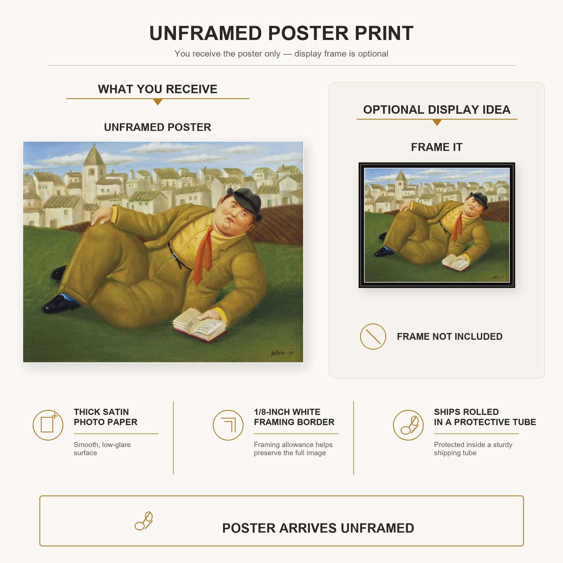 Fernando Botero - Man with Book poster print size comparison and framing display infographic