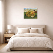 Unframed poster print of Fernando Botero's Man with Book displayed on a wall in a bedroom