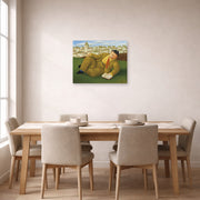 Unframed poster print of Fernando Botero's Man with Book displayed on a wall in a dining room