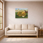 Unframed poster print of Fernando Botero's Man with Book displayed on a wall in a living room