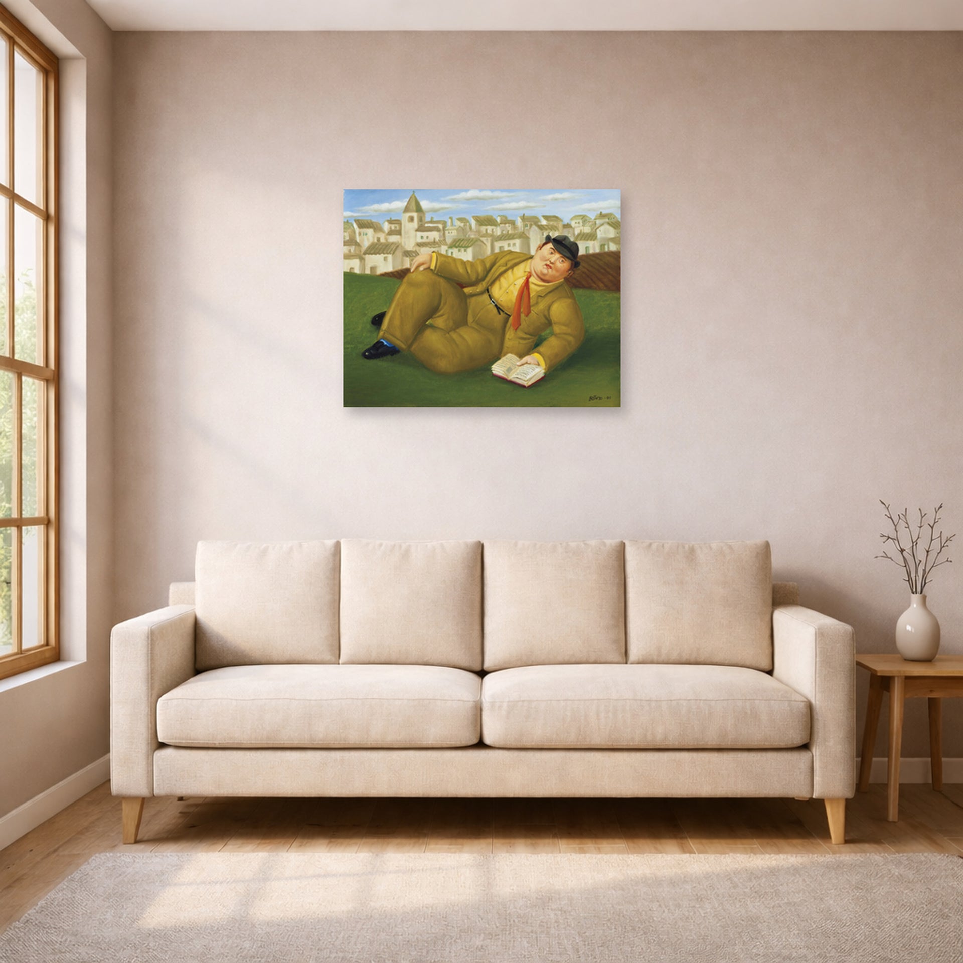 Unframed poster print of Fernando Botero's Man with Book displayed on a wall in a living room