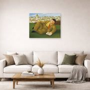 Unframed poster print of Fernando Botero's Man with Book displayed on a wall in a living room