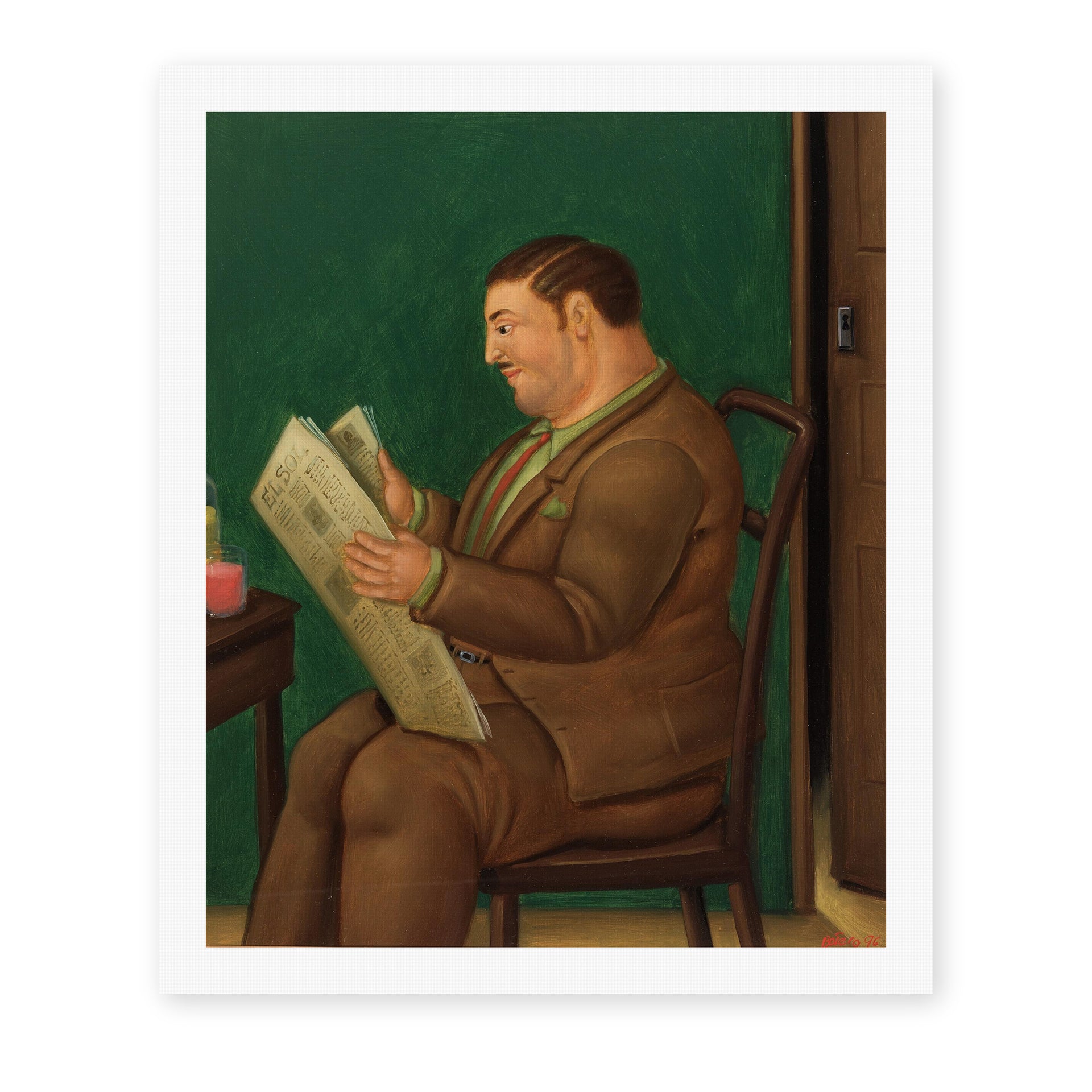 Fernando Botero's 'Man with Newspaper' painting reproduced as a rolled canvas print