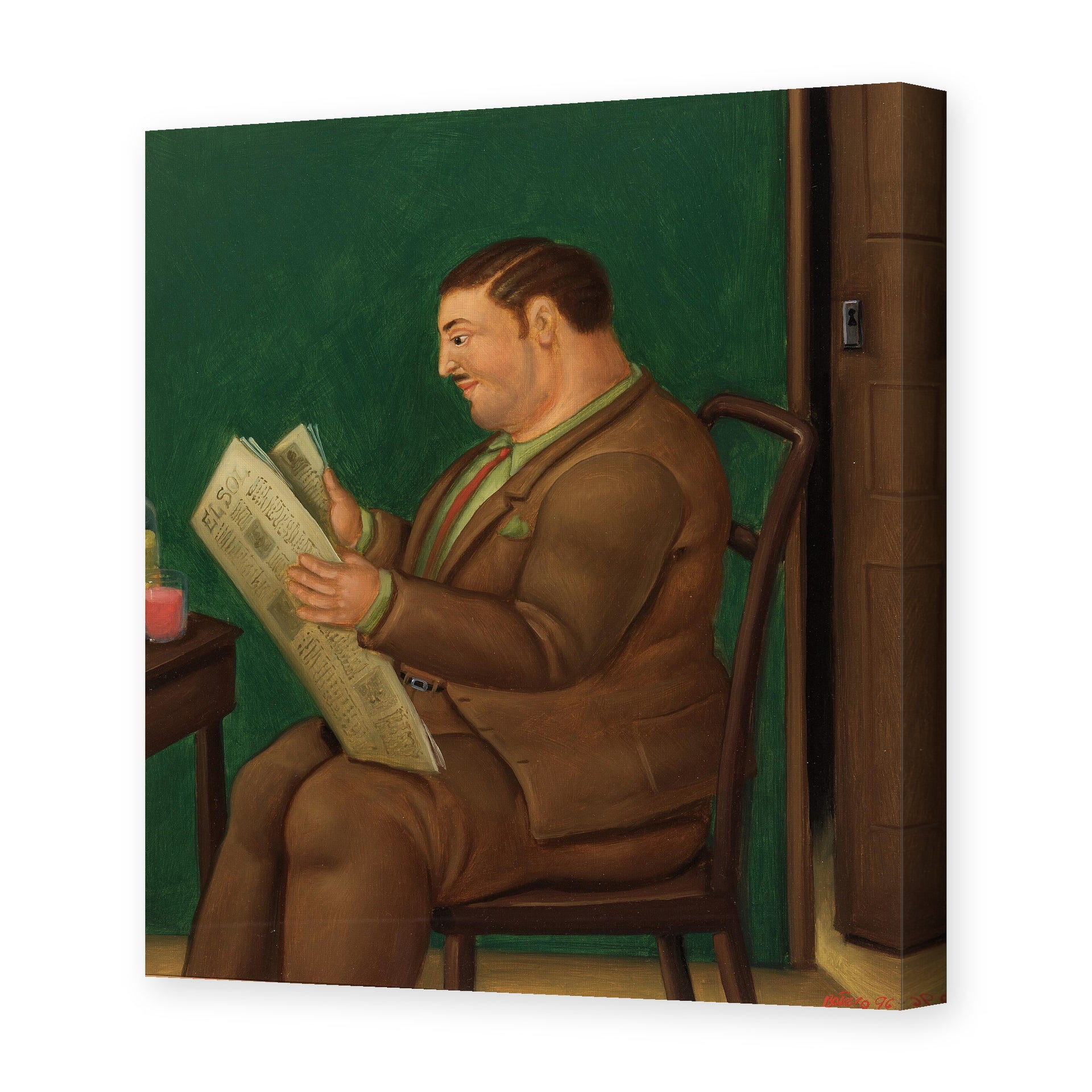 Fernando Botero's 'Man with Newspaper' painting reproduced as a gallery-wrapped canvas print