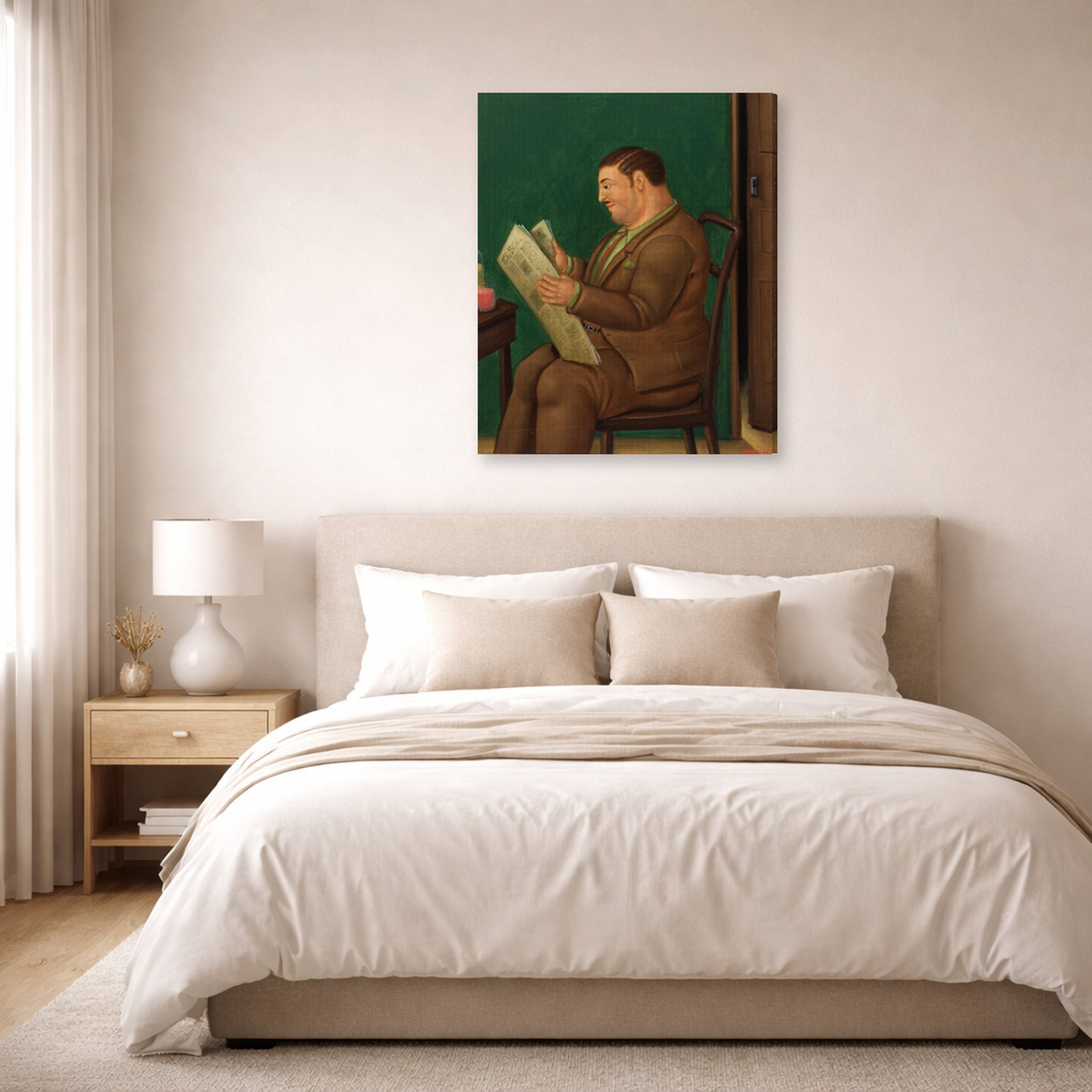 Gallery-wrapped canvas print of Fernando Botero's Man with Newspaper displayed on a wall in a bedroom