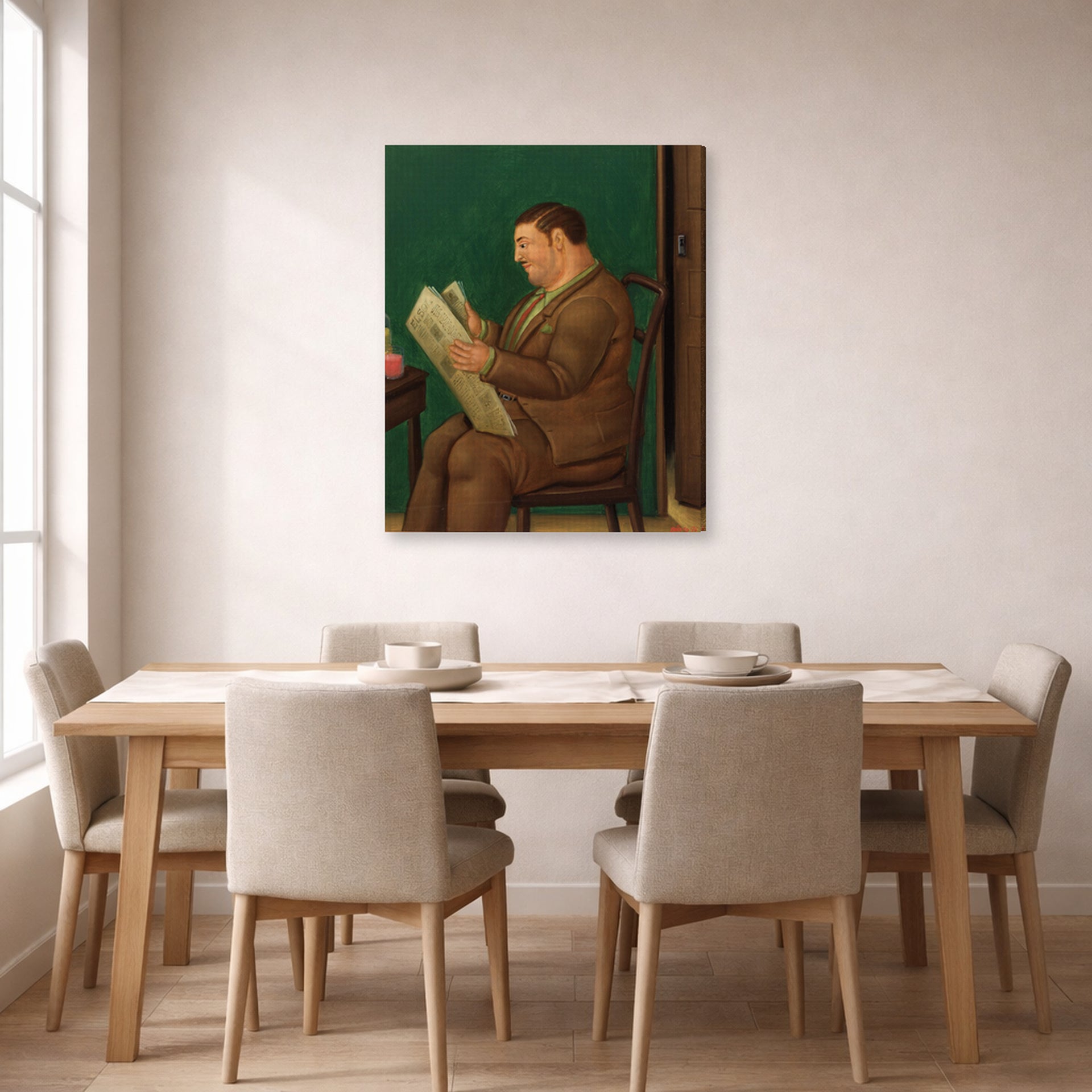 Gallery-wrapped canvas print of Fernando Botero's Man with Newspaper displayed on a wall in a dining room