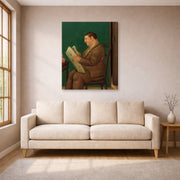 Gallery-wrapped canvas print of Fernando Botero's Man with Newspaper displayed on a wall in a living room