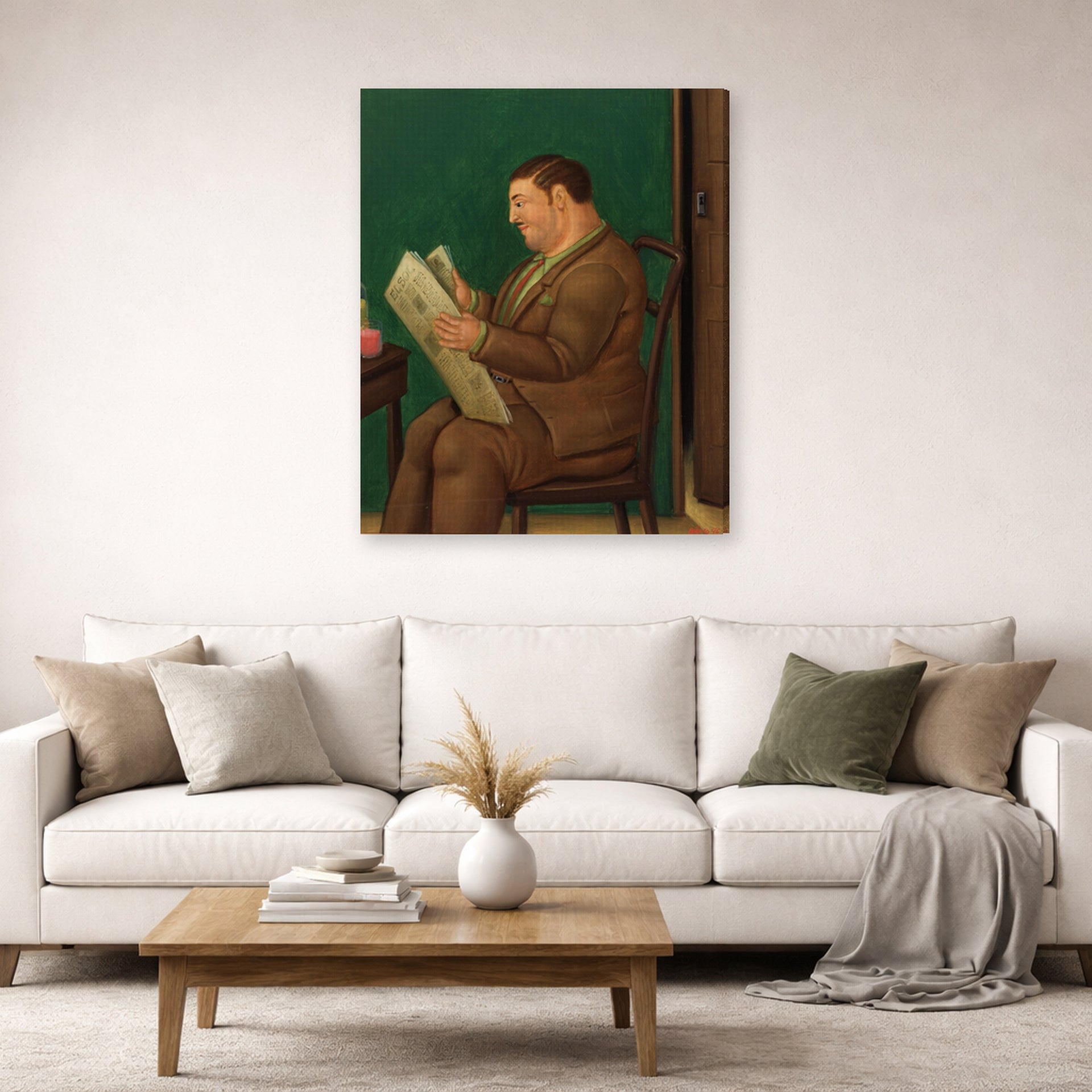 Gallery-wrapped canvas print of Fernando Botero's Man with Newspaper displayed on a wall in a living room