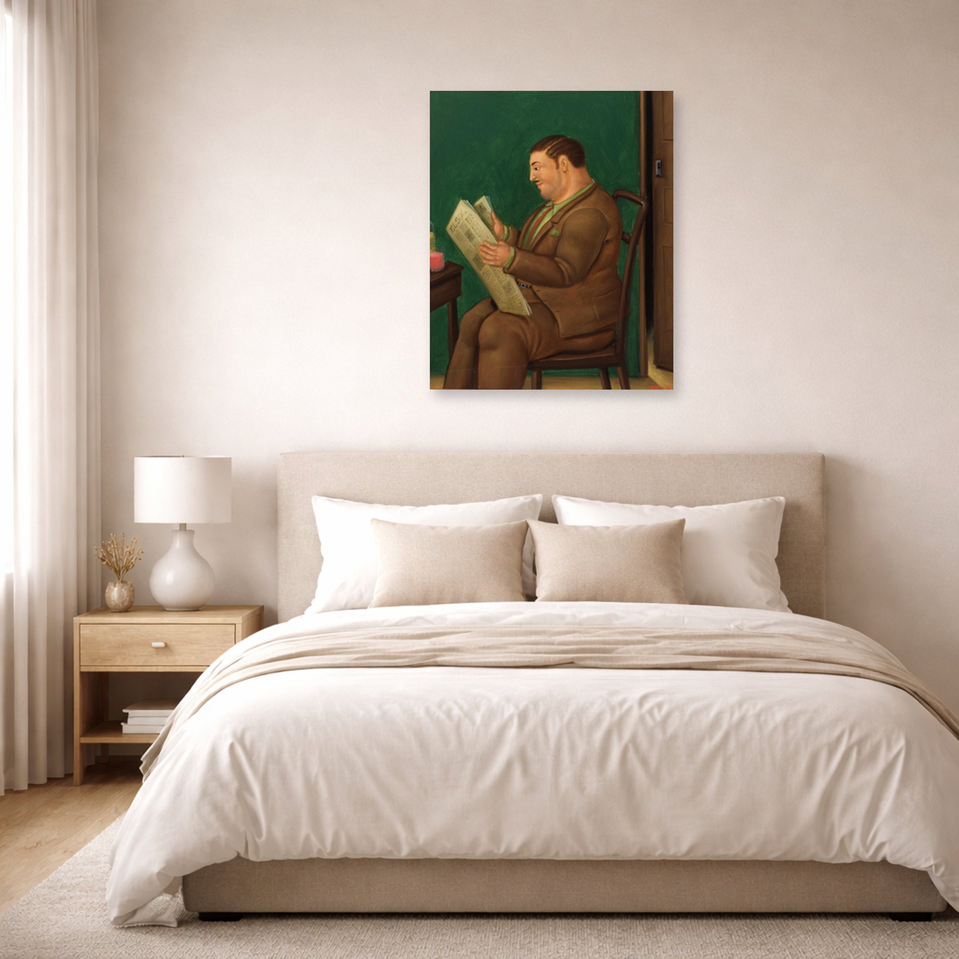 Unframed poster print of Fernando Botero's Man with Newspaper displayed on a wall in a bedroom