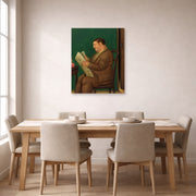 Unframed poster print of Fernando Botero's Man with Newspaper displayed on a wall in a dining room