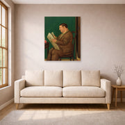 Unframed poster print of Fernando Botero's Man with Newspaper displayed on a wall in a living room