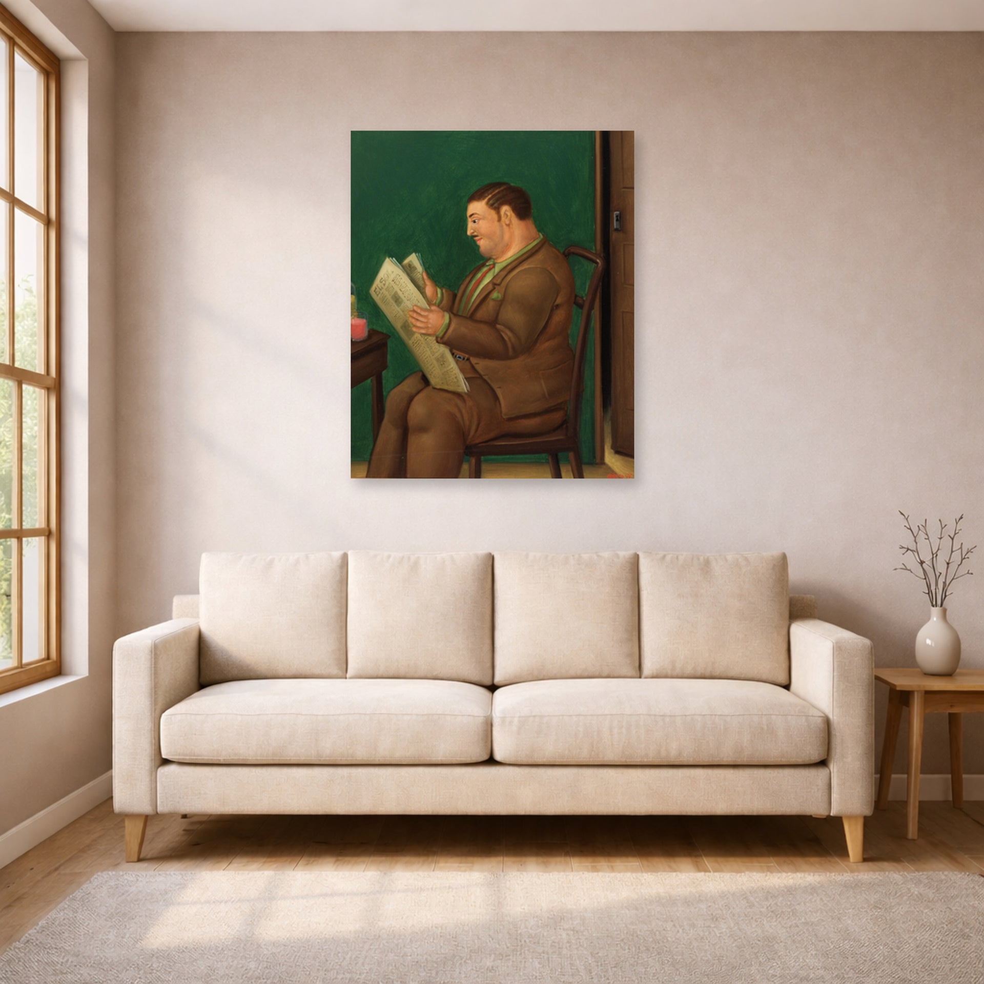 Unframed poster print of Fernando Botero's Man with Newspaper displayed on a wall in a living room