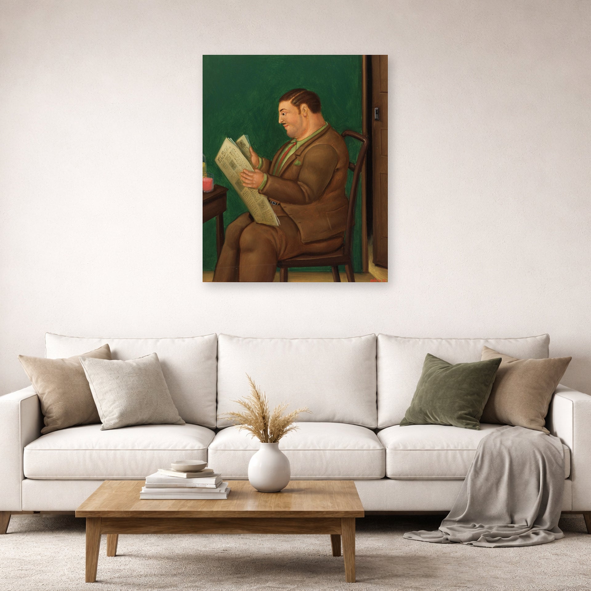 Unframed poster print of Fernando Botero's Man with Newspaper displayed on a wall in a living room