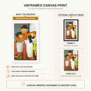 Fernando Botero - Man with a Guitar canvas print size comparison and framing display infographic