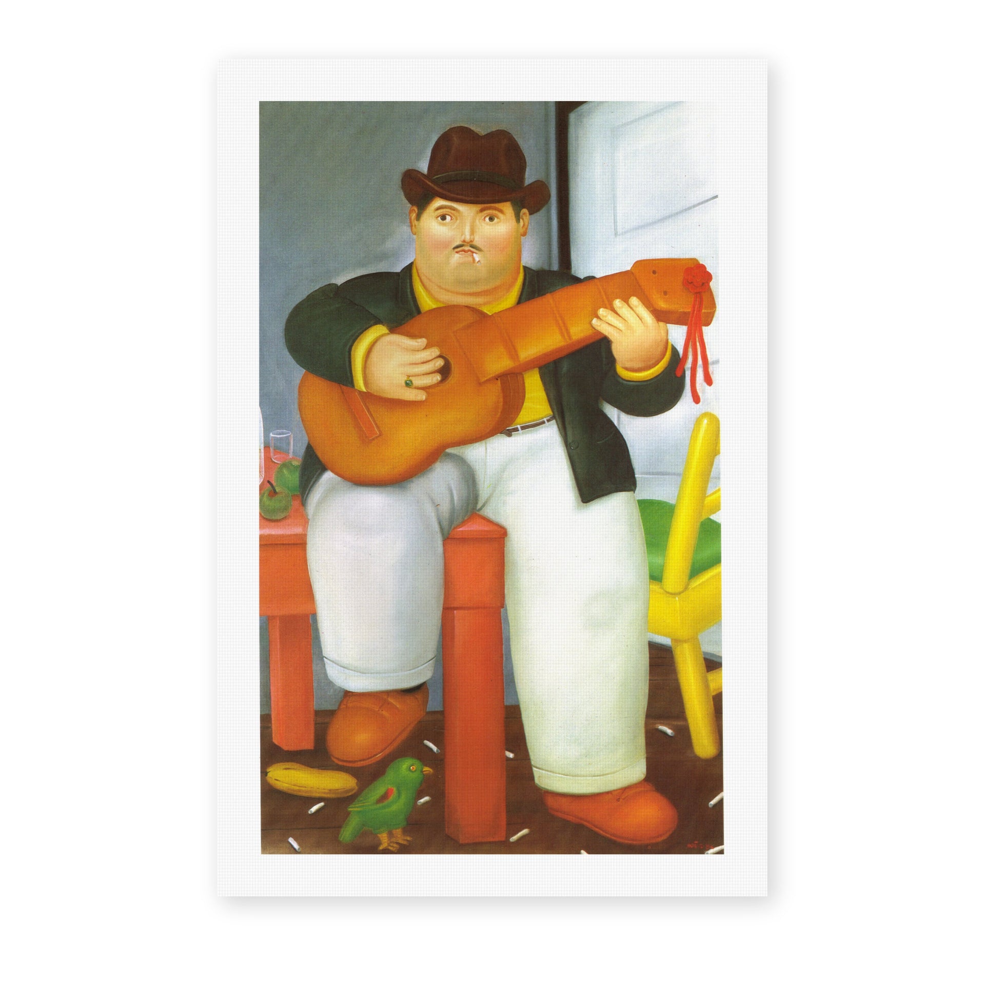 Fernando Botero's 'Man with a Guitar' painting reproduced as a rolled canvas print