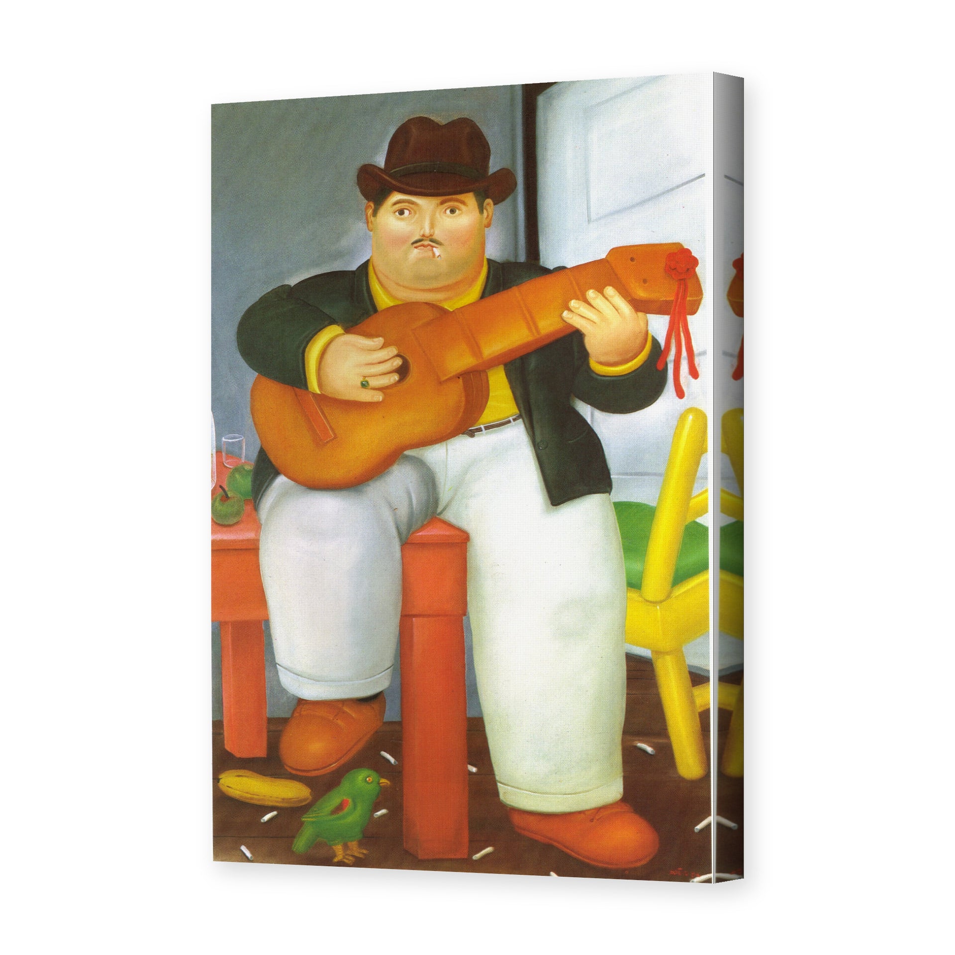 Fernando Botero's 'Man with a Guitar' painting reproduced as a gallery-wrapped canvas print