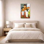 Gallery-wrapped canvas print of Fernando Botero's Man with a Guitar displayed on a wall in a bedroom