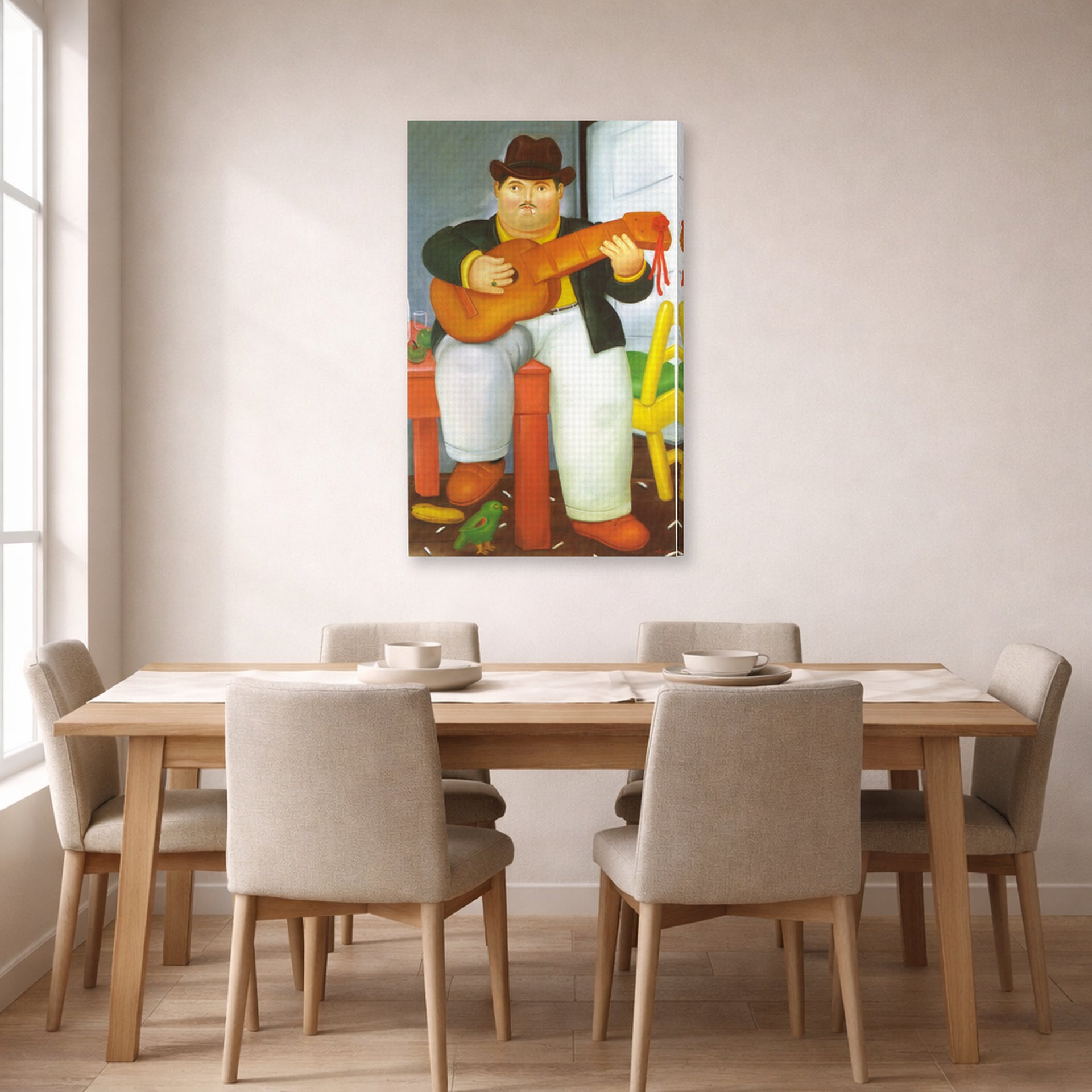 Gallery-wrapped canvas print of Fernando Botero's Man with a Guitar displayed on a wall in a dining room