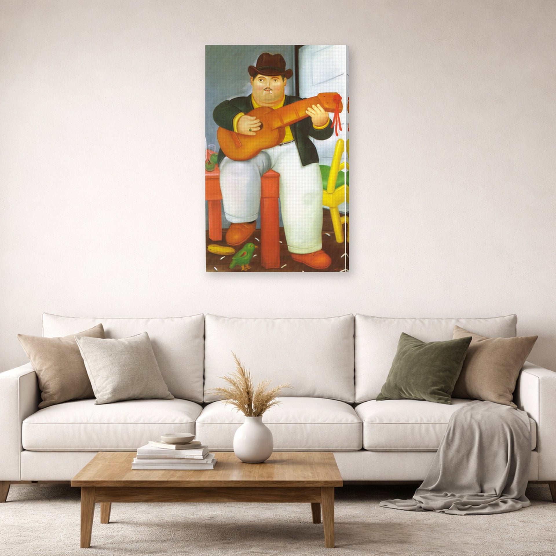 Gallery-wrapped canvas print of Fernando Botero's Man with a Guitar displayed on a wall in a living room