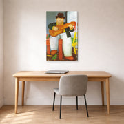 Gallery-wrapped canvas print of Fernando Botero's Man with a Guitar displayed on a wall in a home office
