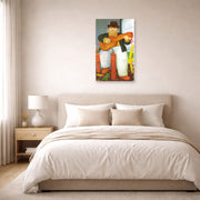 Unframed poster print of Fernando Botero's Man with a Guitar displayed on a wall in a bedroom